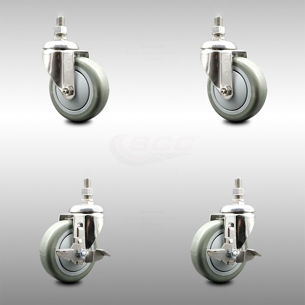Service Caster 4 Inch 316SS Gray Polyurethane Swivel 1/2 Inch Threaded Stem Caster Brakes, 2PK SCC-SS316TS20S414-PPUB-121315-2-TLB2 - main